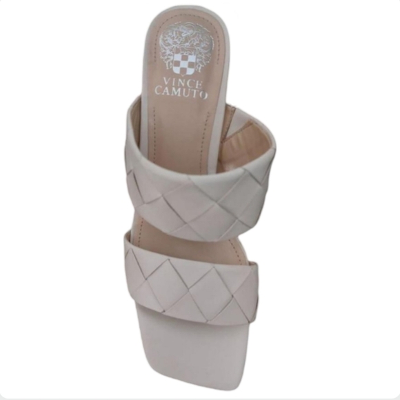 Vince Camuto Woven Leather Heeled Mules | White Wedding Special Occasion Sandals - Picture 5 of 9